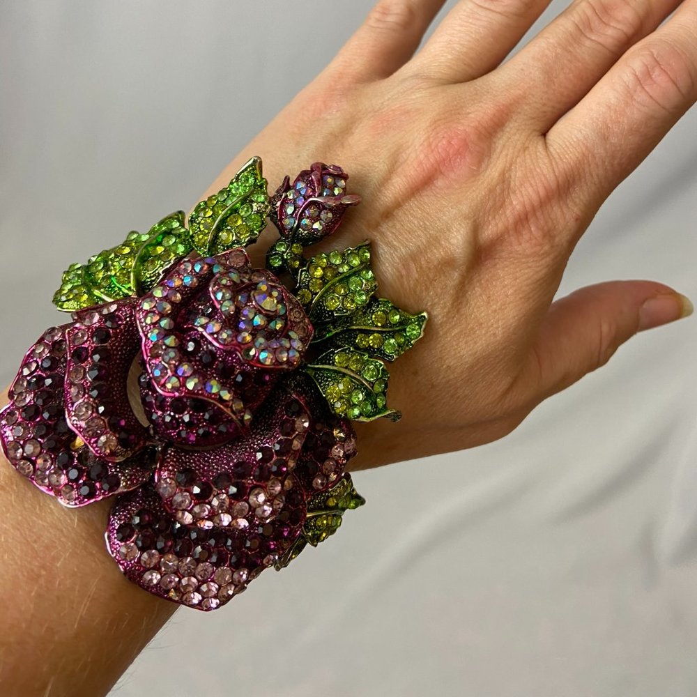 Purple Rhinestone Rose statement cuff bracelet